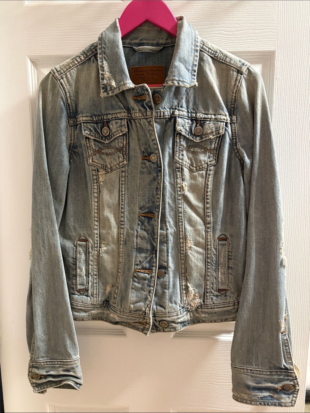 Abercrombie & Fitch Light Wash Blue Distressed Denim Jacket
